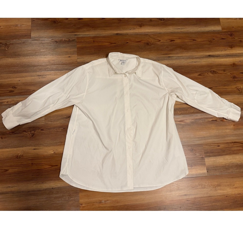 Athleta Womens White Button Down Shirt Long Sleeve Hidden Pocket Size Large